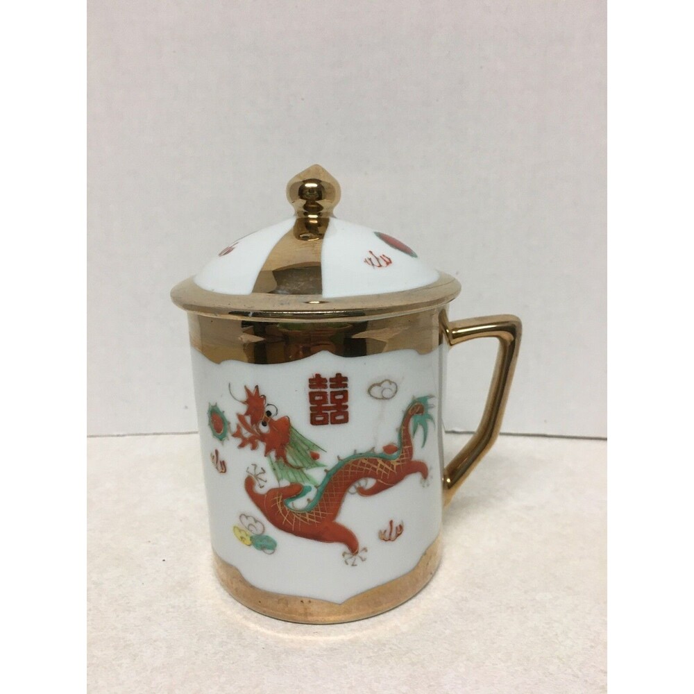 Vintage Chinese Gold Trimmed Hand Painted Dragon Phoenix Mug Tea Cup With Lid